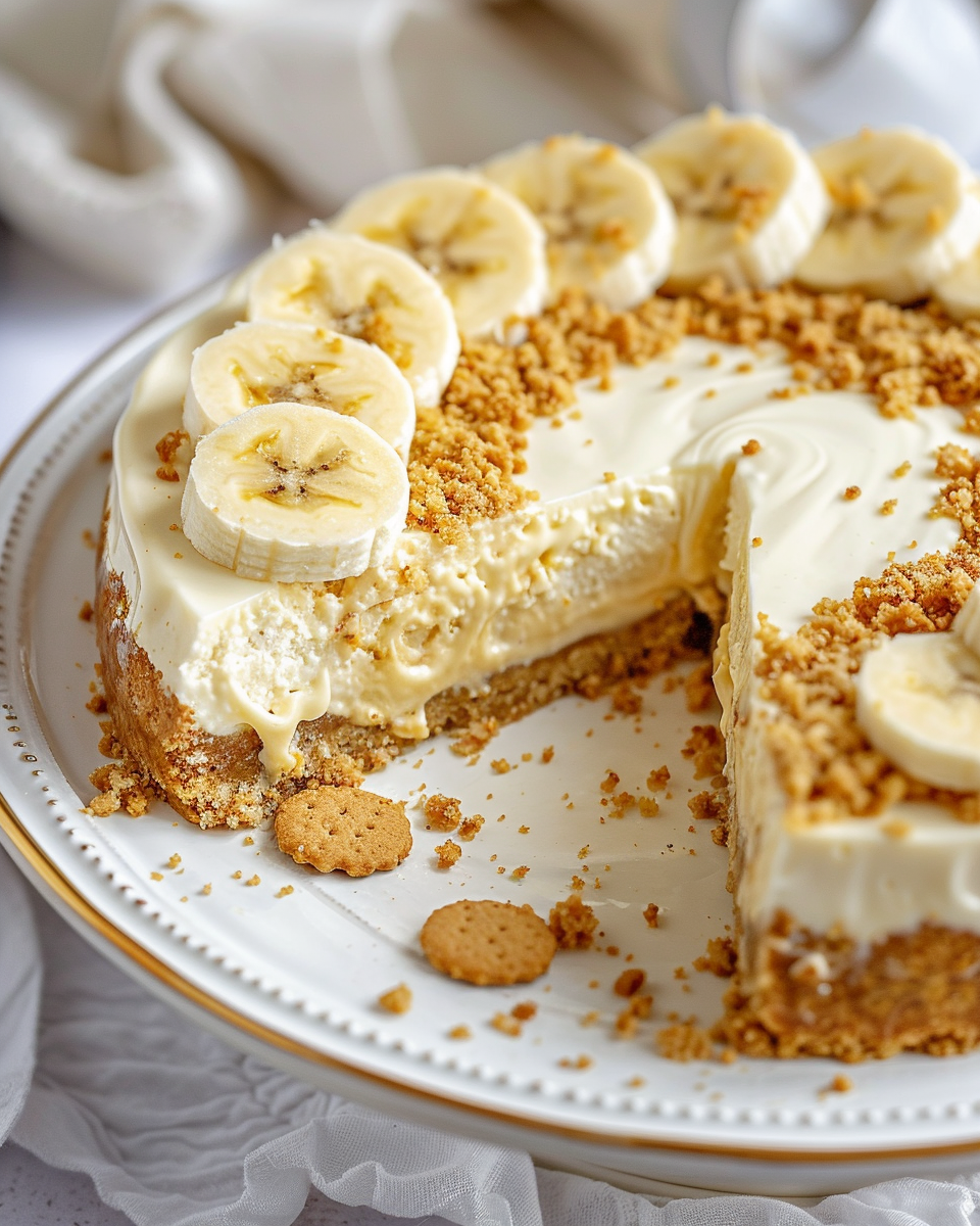 A slice of a no bake banana pudding cheesecake.