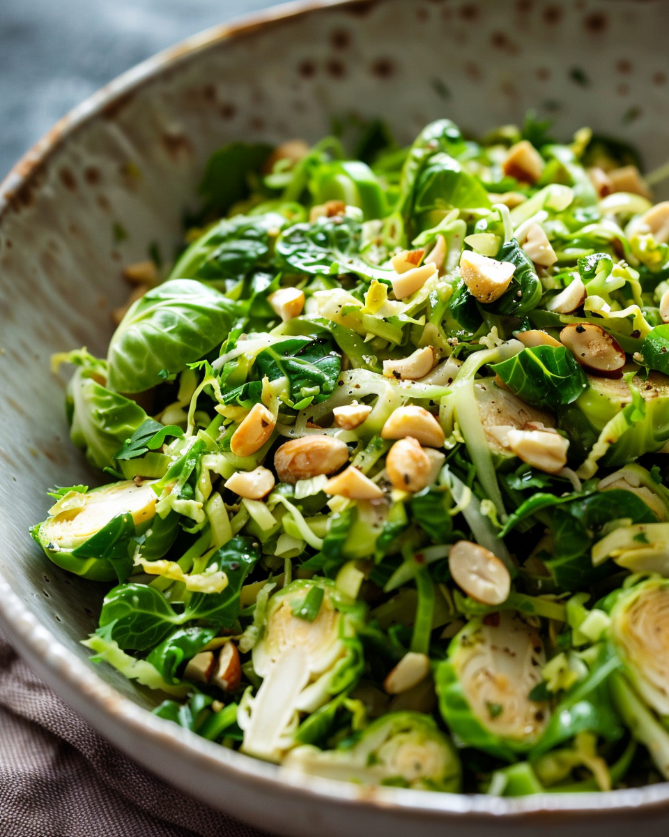 A bowl of shredded Brussels hazelnut crunch.