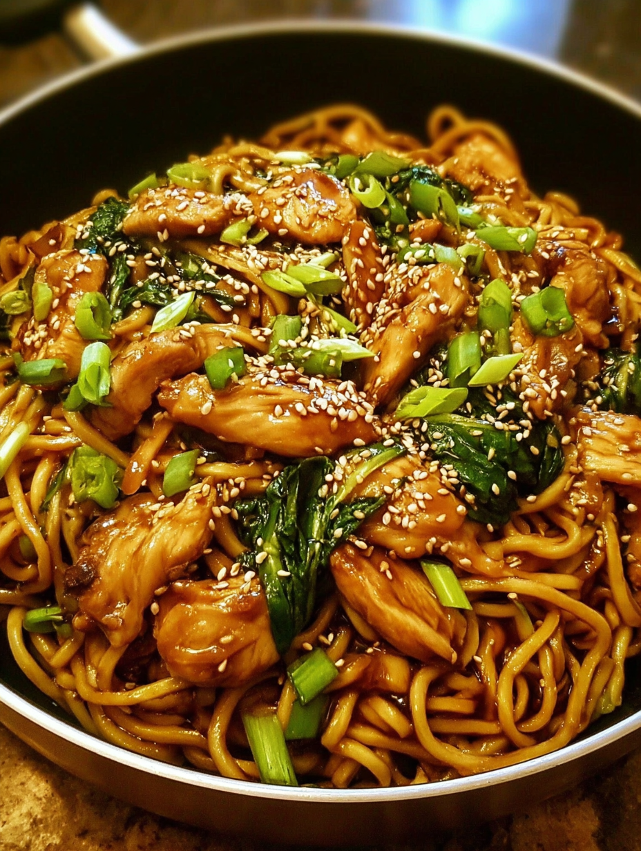 A bowl of chicken teriyaki noodles.