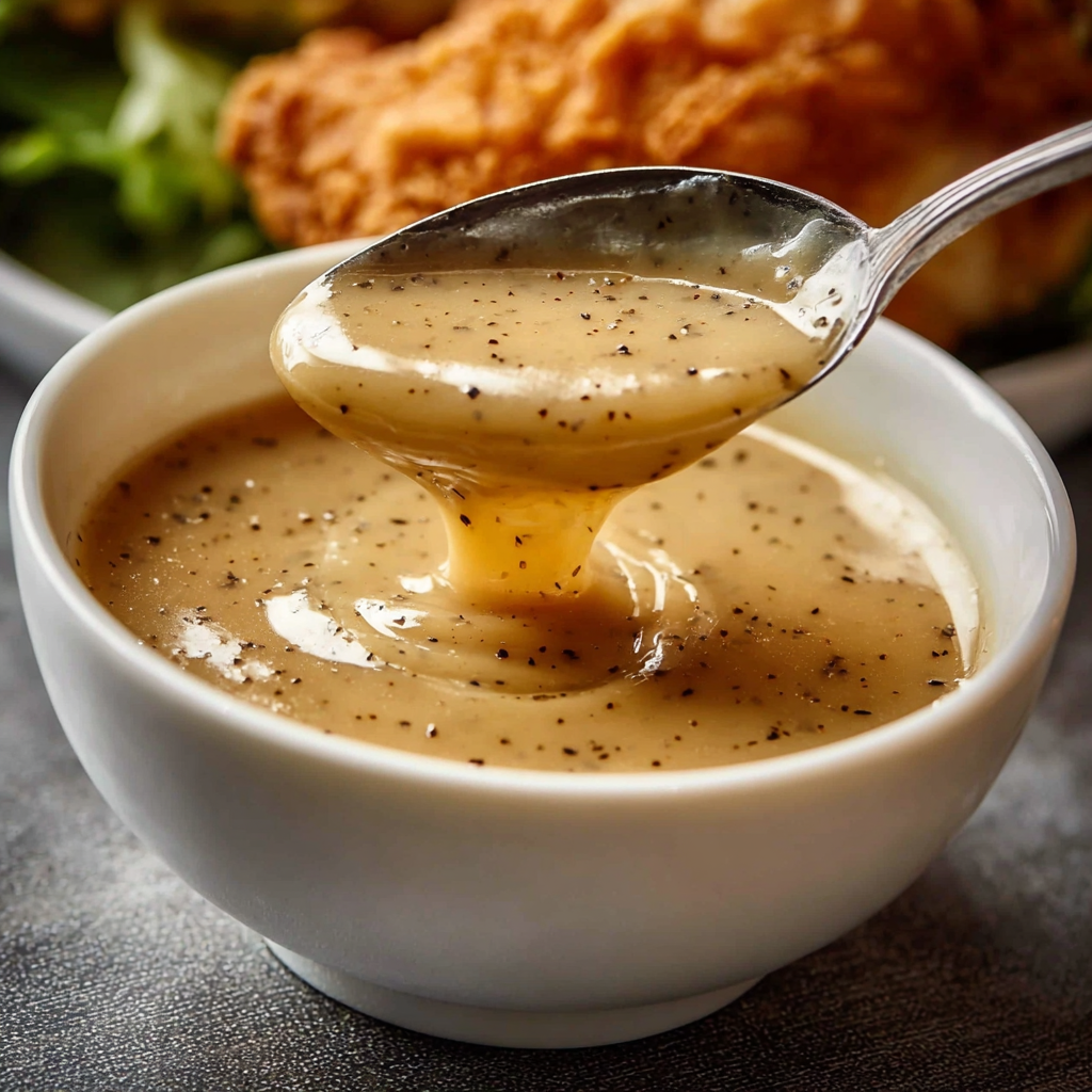 A spoon is being used to scoop up some of the best homemade KFC gravy.