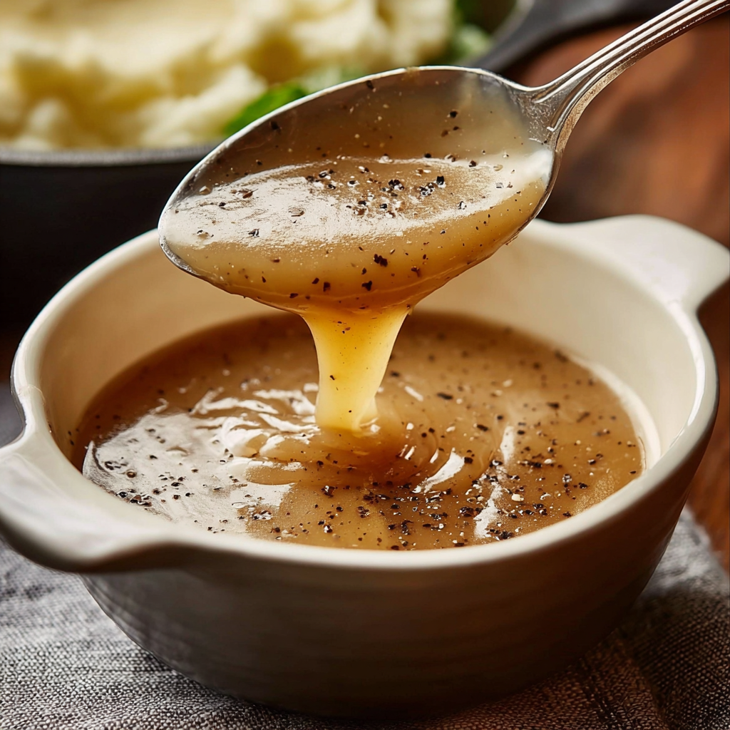A spoon is being used to pour gravy into a bowl.