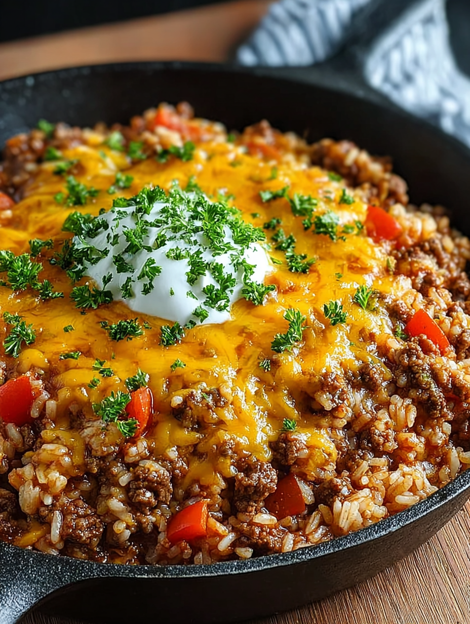 A delicious cheesy beef and rice skillet delight.