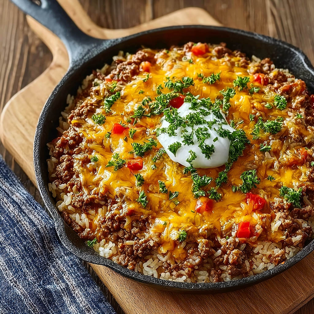 A delicious cheesy beef and rice skillet delight.