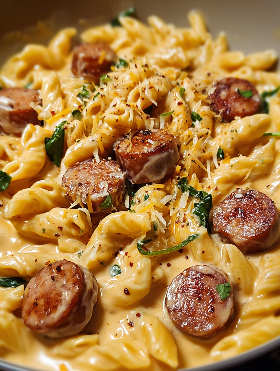 A close up of a delicious one-pot creamy smoked gouda sausage pasta.