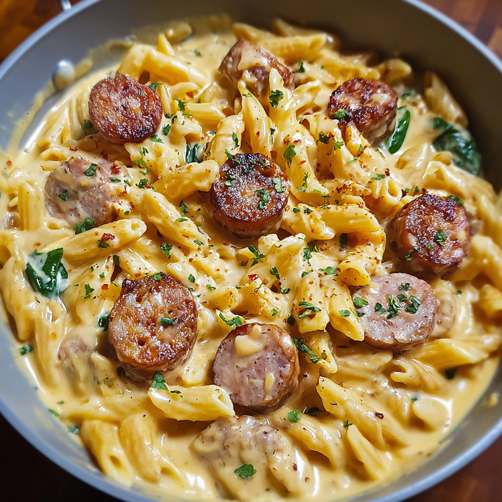 A bowl of pasta with sausage and cheese.
