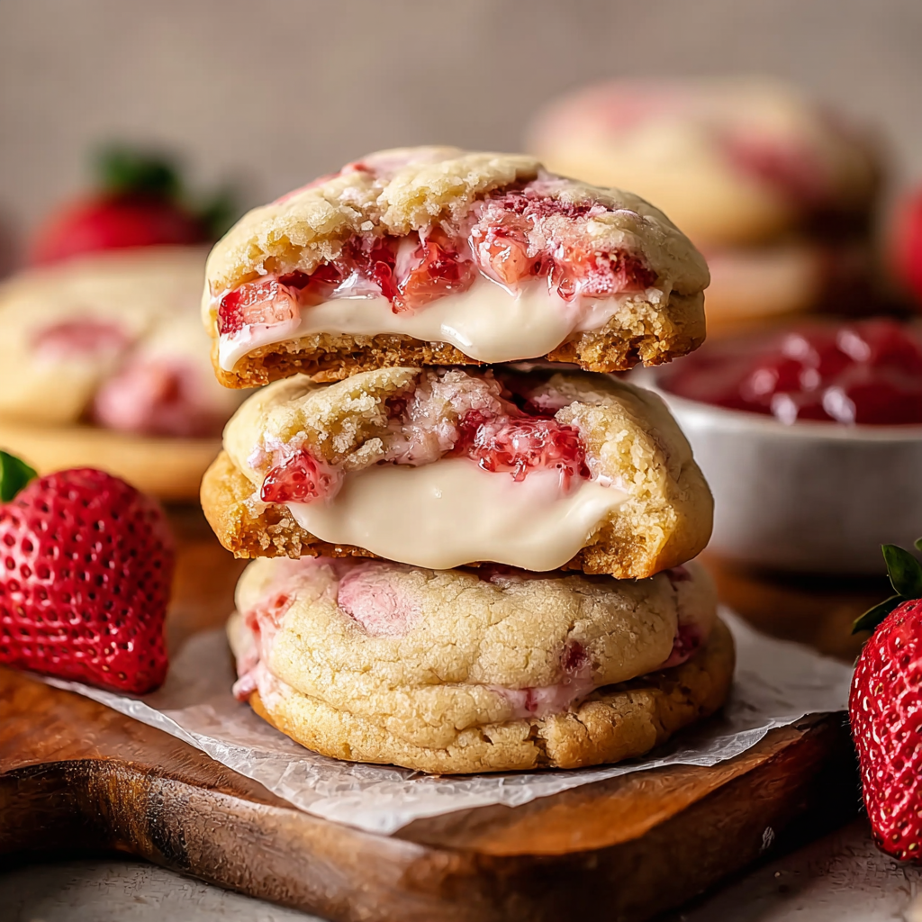 A stack of strawberry cheesecake stuffed cookies.
