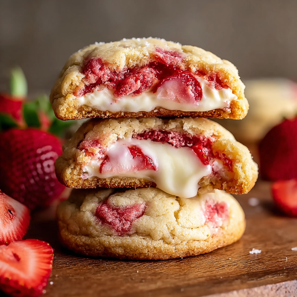 Three stacked cookies with strawberry cheesecake filling.