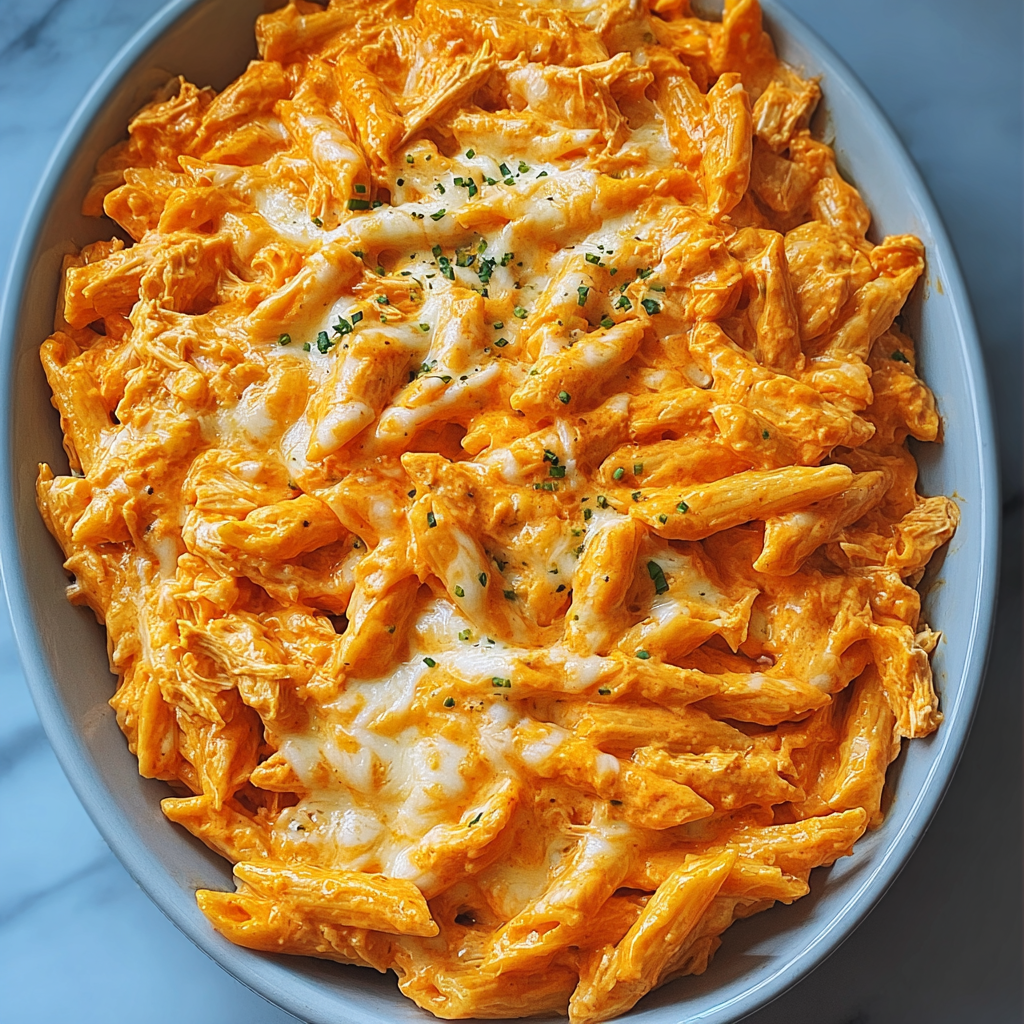 A dish of pasta with cheese and chicken.