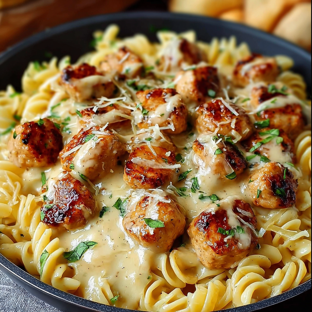 A dish of garlic butter chicken bites with creamy parmesan pasta.
