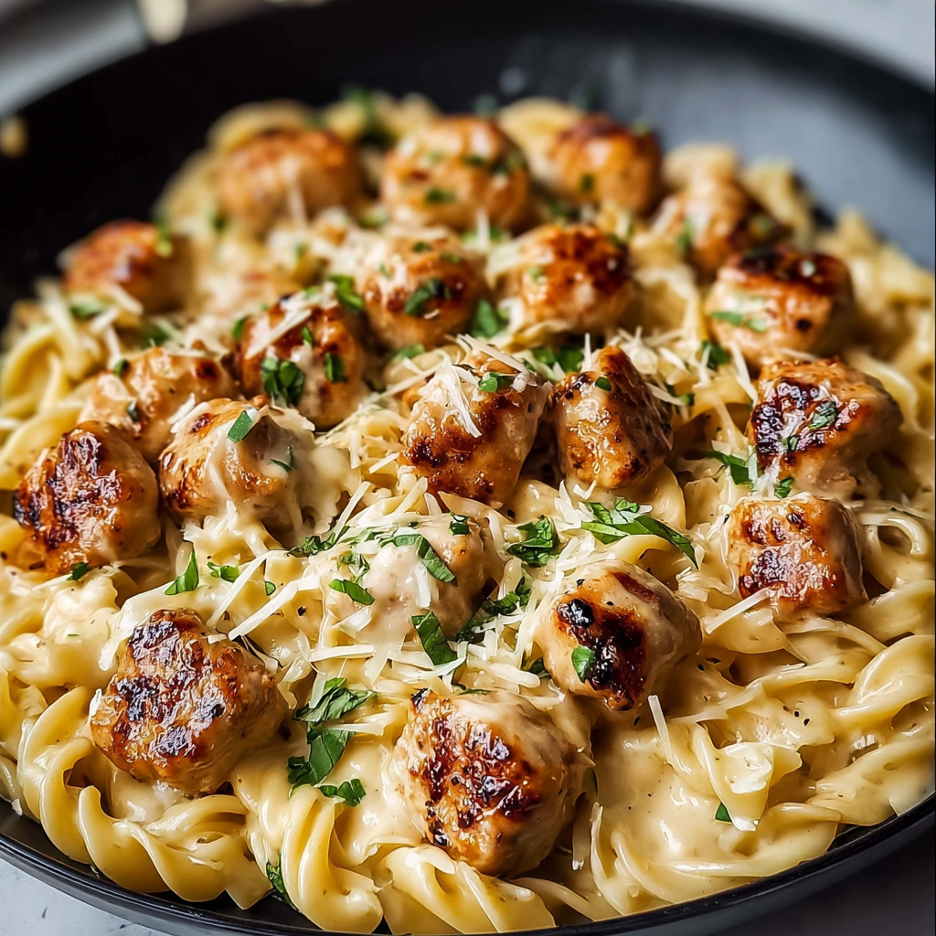 A plate of garlic butter chicken bites with creamy parmesan pasta.