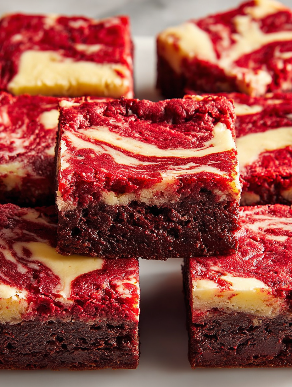 A close up of a red velvet cheesecake brownie.
