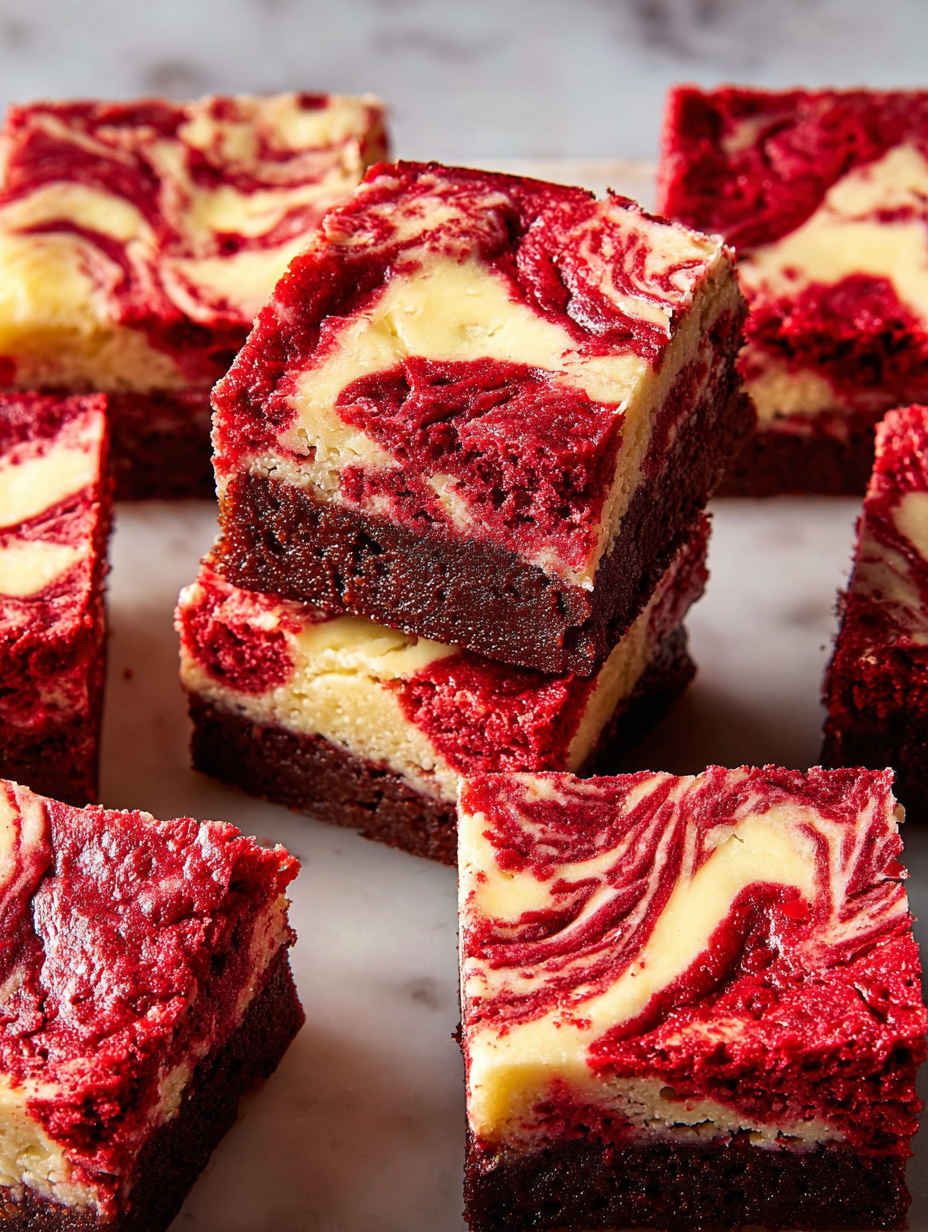 A close up of a red velvet cheesecake brownie.