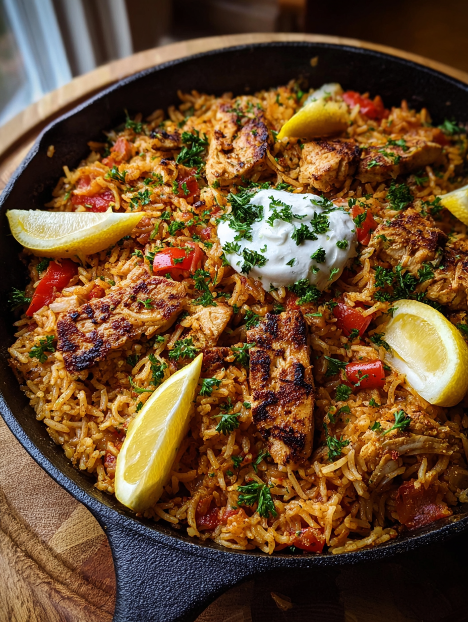 A dish of rice with chicken and lemon wedges.