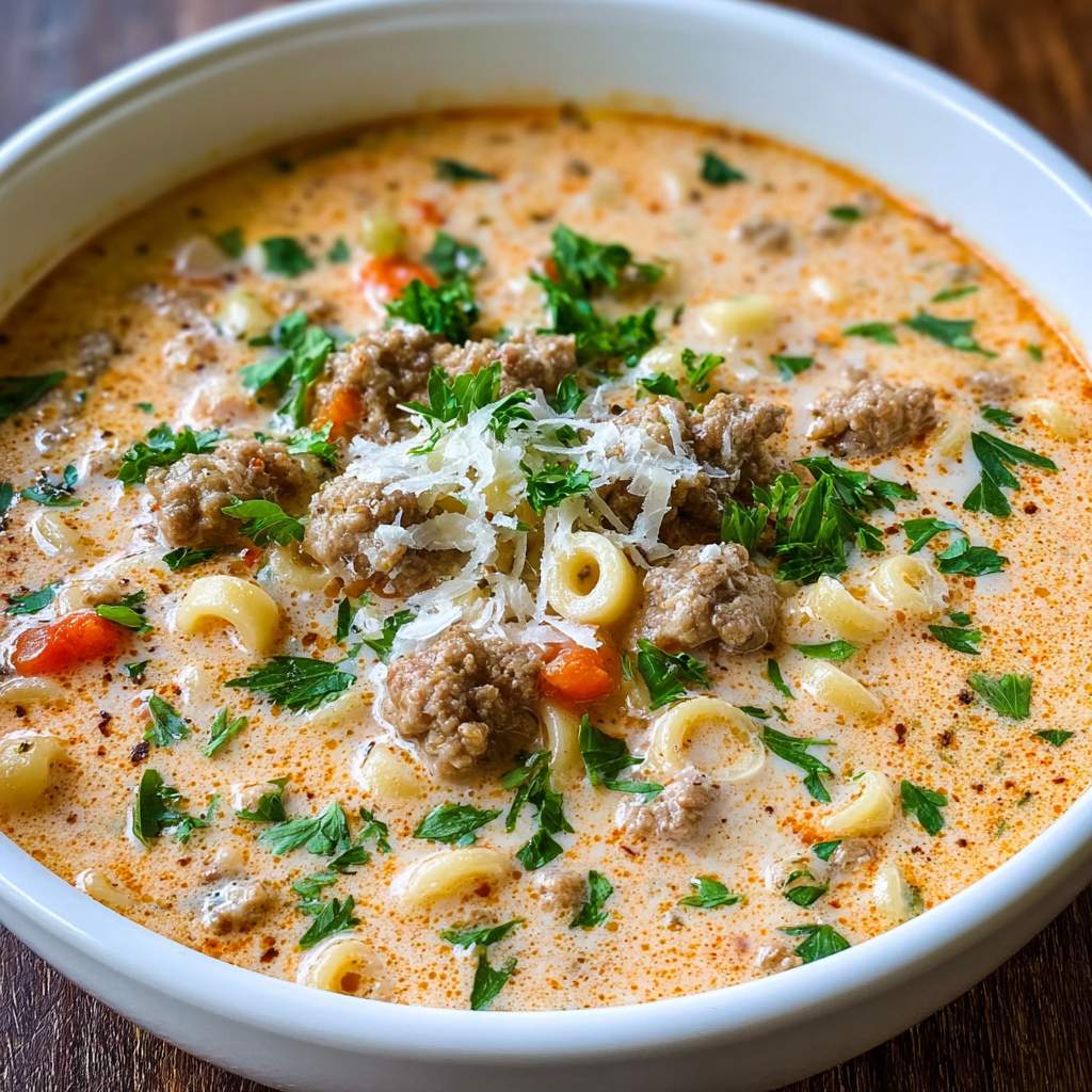 A bowl of creamy Parmesan Italian sausage ditalini soup.
