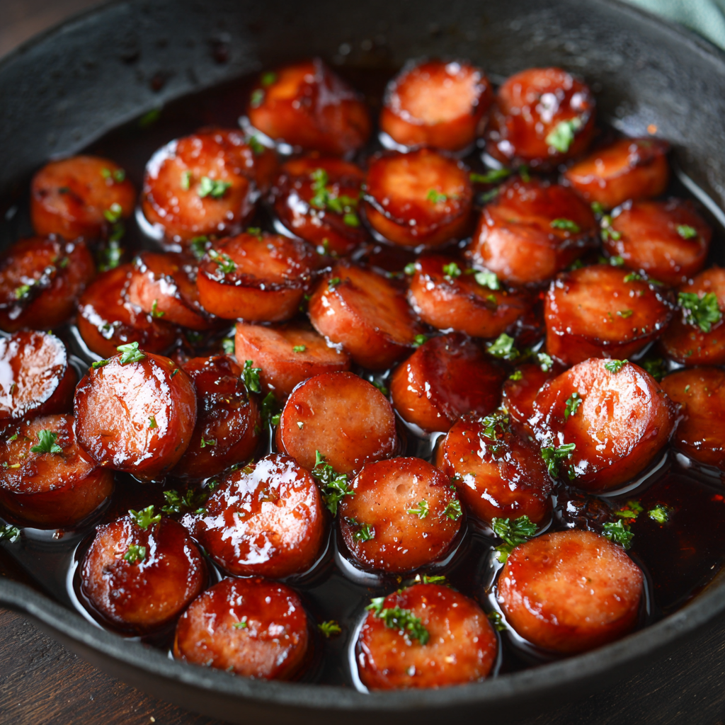 A bowl of candied kielbasa bites.