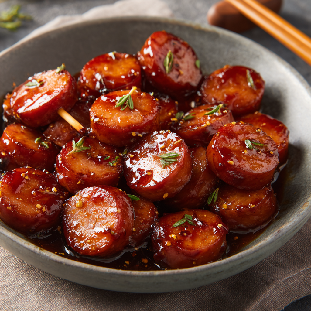 A bowl of candied kielbasa bites.