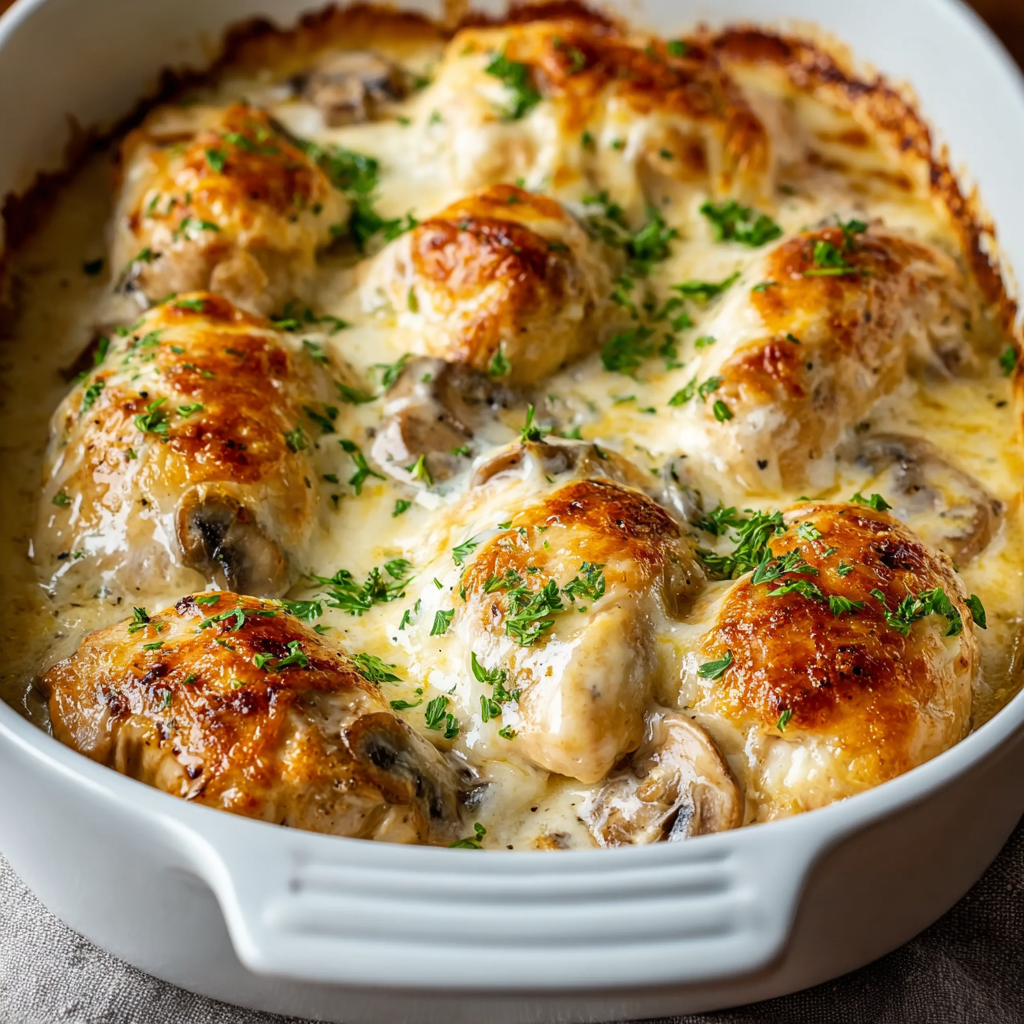 A dish of chicken and mushrooms in a white bowl.