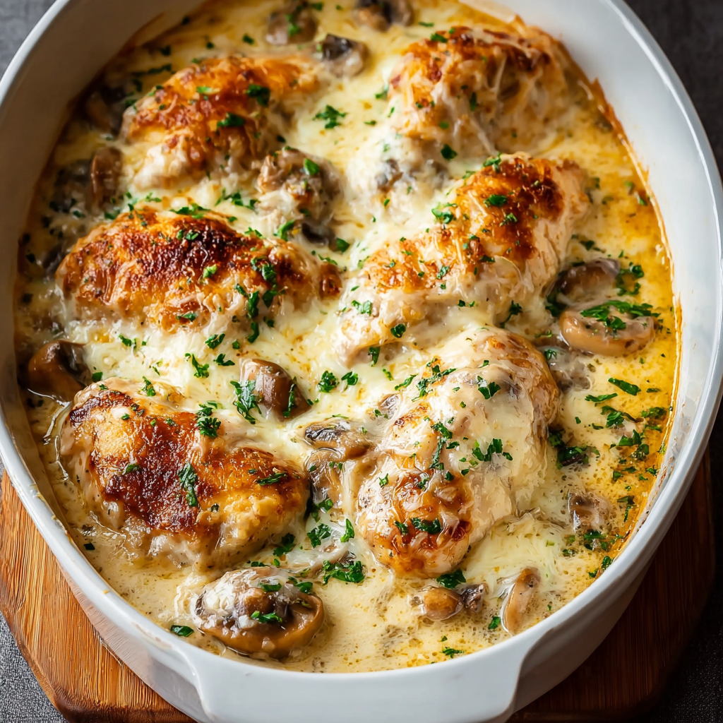 A bowl of chicken and mushrooms.