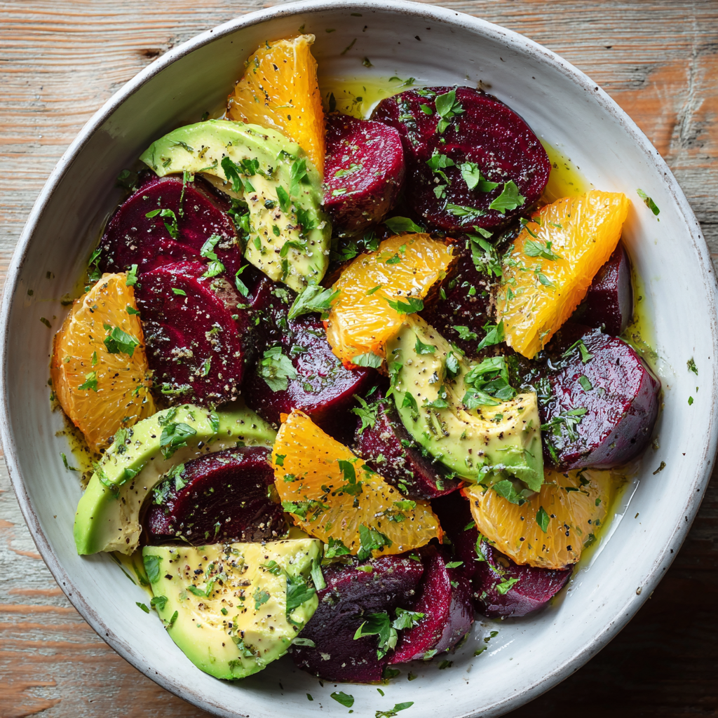 A bowl of beet salad with orange slices and avocado.