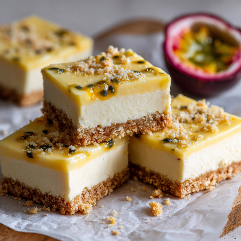 A slice of creamy no-bake passion fruit dessert.