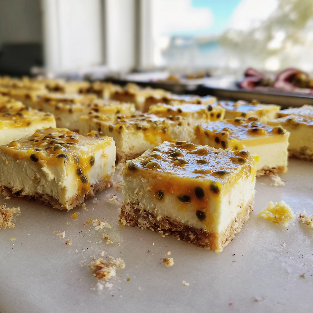 A close up of a creamy no-bake passion fruit slice.