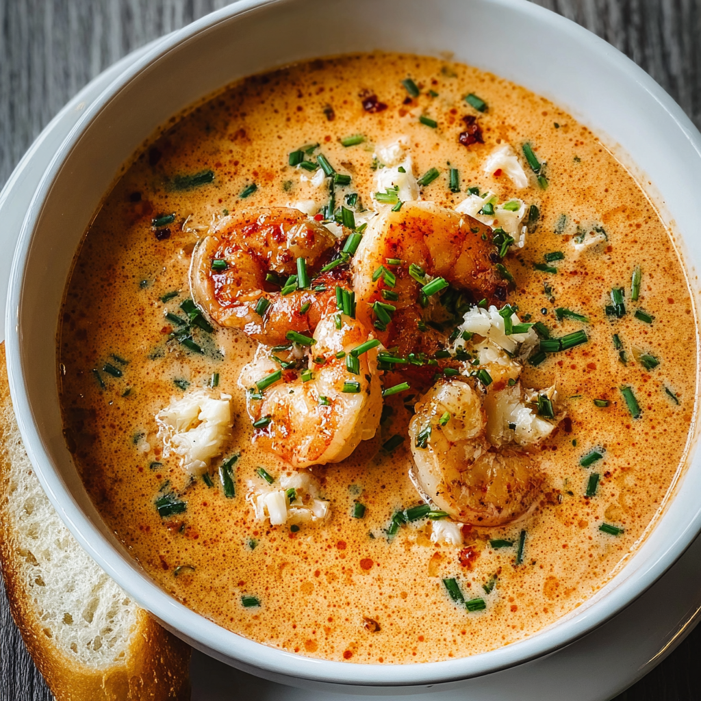 A bowl of seafood bisque with shrimp and herbs.