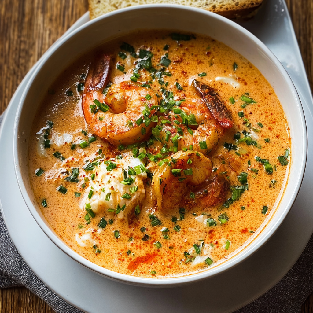 A bowl of seafood bisque with shrimp and green onions.