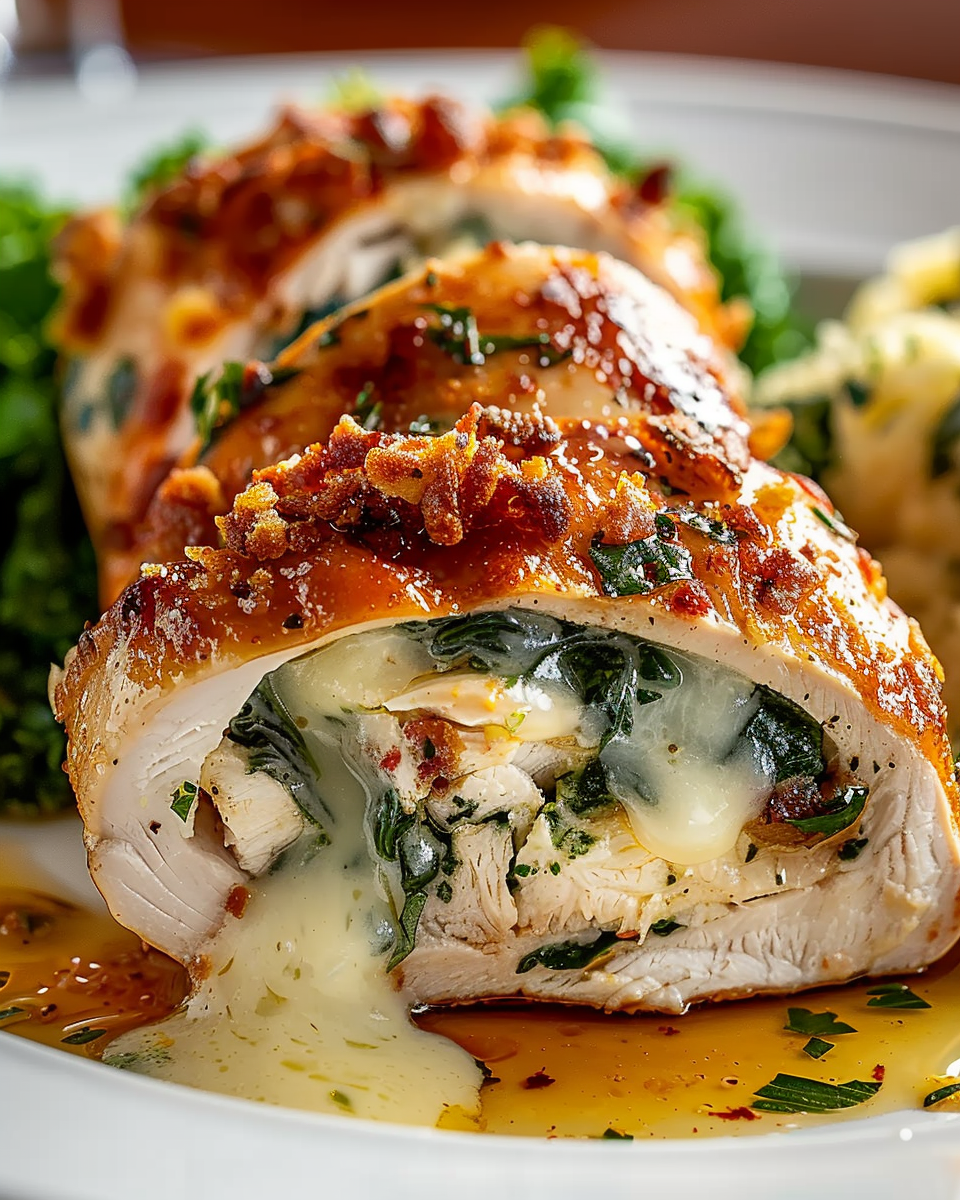 A delicious chicken dish with cheese and bacon wrapped around it.