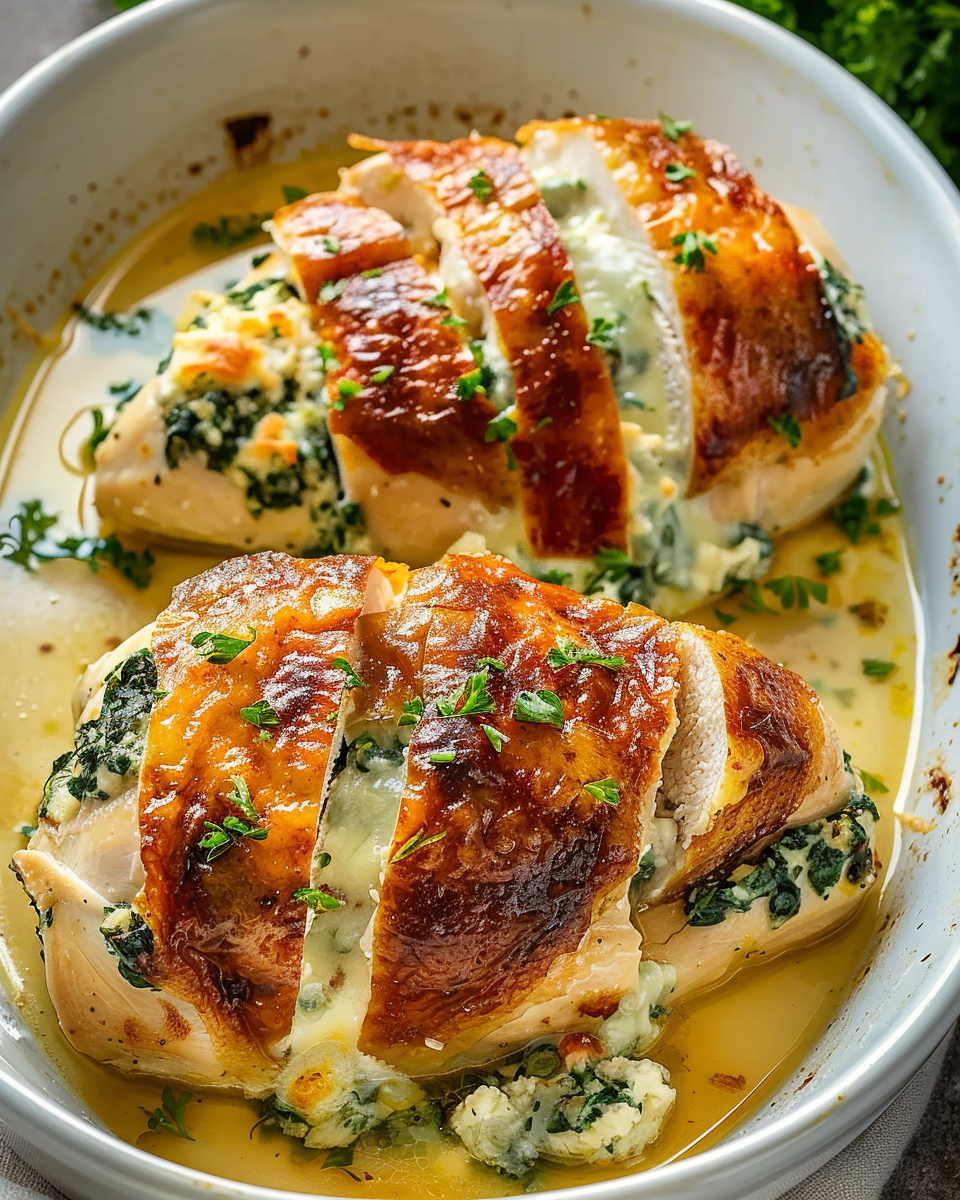 A dish of chicken with sauce and herbs.