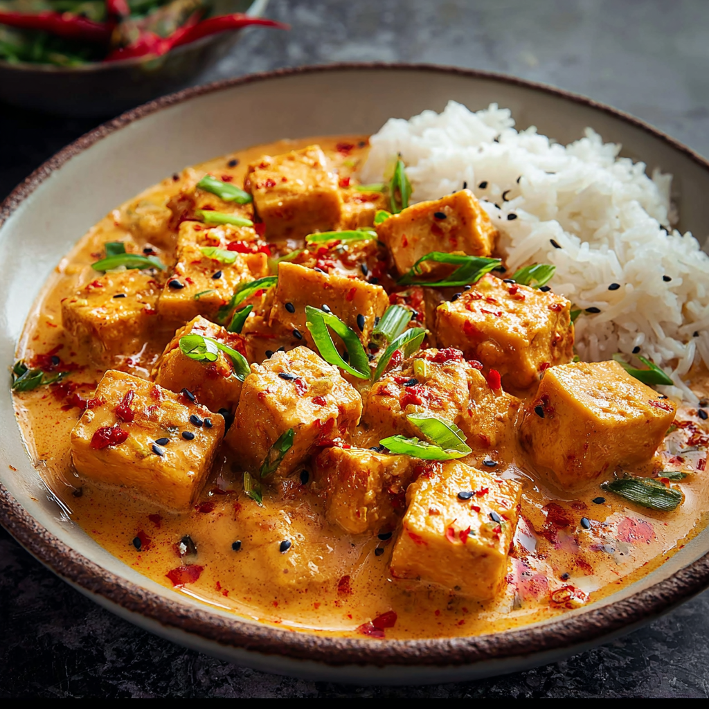 A bowl of spicy tofu with creamy coconut sauce.