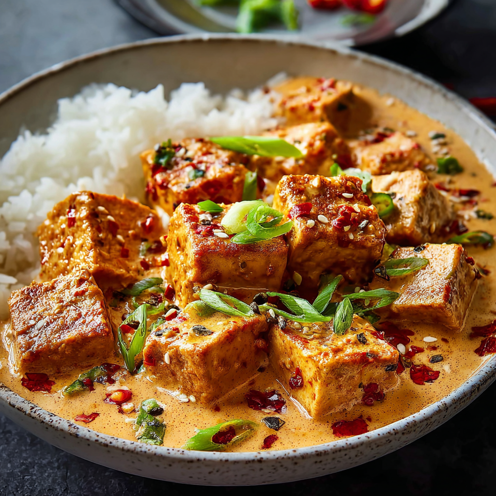 A bowl of spicy tofu with creamy coconut sauce.