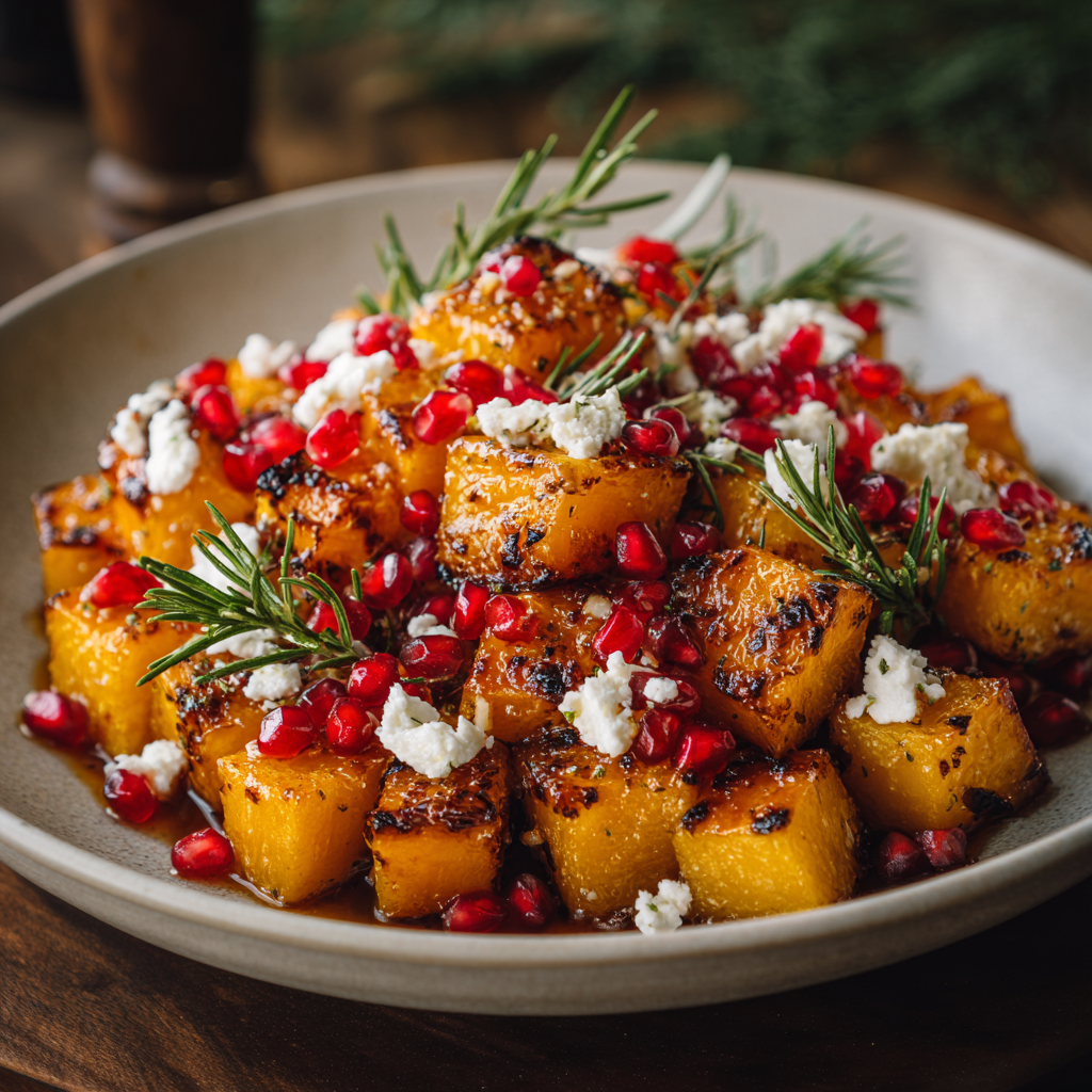 A plate of food with butternut squash.
