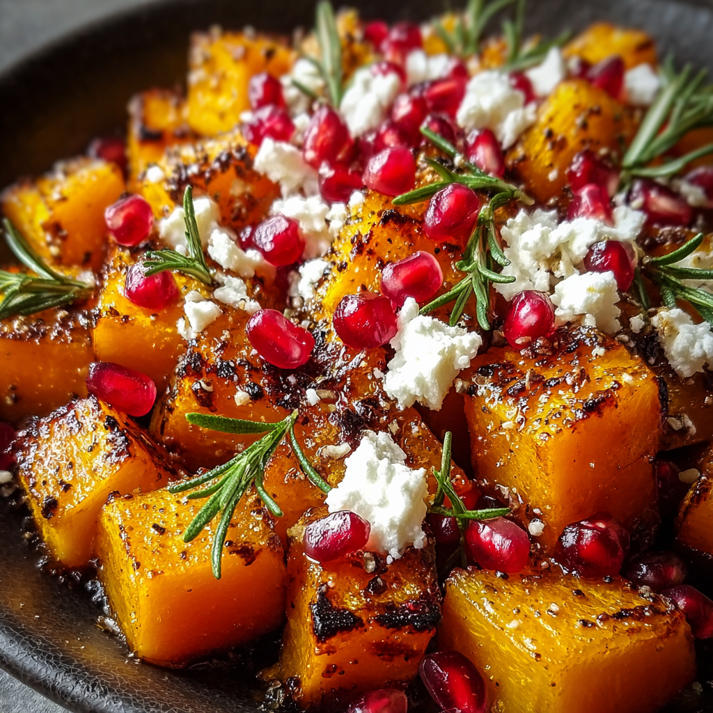 A bowl of butternut squash with feta cheese and pomegranate seeds.