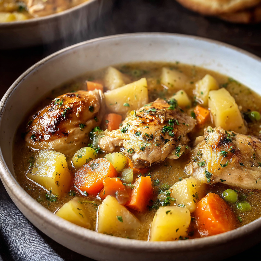 A bowl of slow cooker chicken stew.