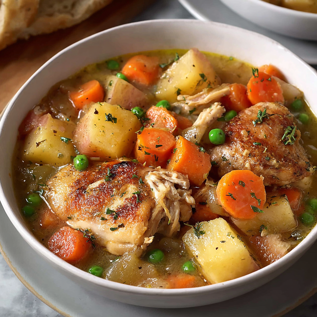A bowl of slow cooker chicken stew.