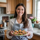 A woman named Sophie is smiling and holding a plate of food.