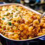 A bowl of chili mac and cheese.
