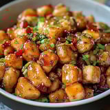 A bowl of chicken with a spicy sauce.