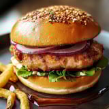 A pork tenderloin sandwich with onions and lettuce.