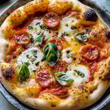 A pizza with pepperoni and basil on top.