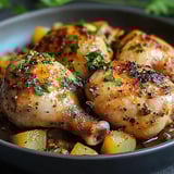 A plate of chicken with herbs and spices.