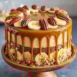 A cake with bananas and nuts on it.