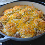 A pan of cheddar bay hamburger casserole.