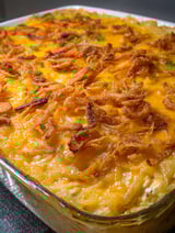 A casserole with french onions and chicken.