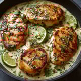 A pan of chicken with lime and cilantro.