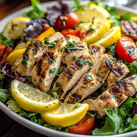 A plate of food with chicken, tomatoes, lettuce, and lemon slices.