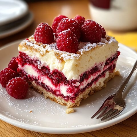 A slice of cake with raspberries on top.