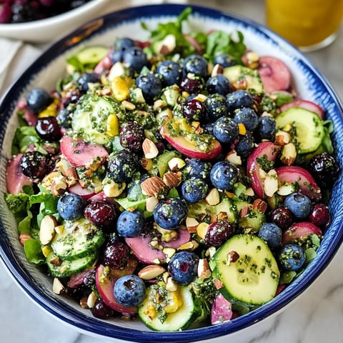A bowl of a blueberry pistachio spring salad.