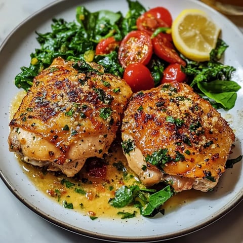 A plate of chicken thighs with tomatoes and greens.