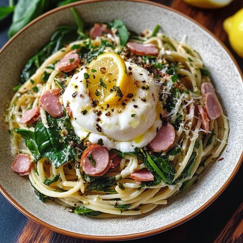 A bowl of spaghetti with meatballs, spinach, and a lemon butter sauce.